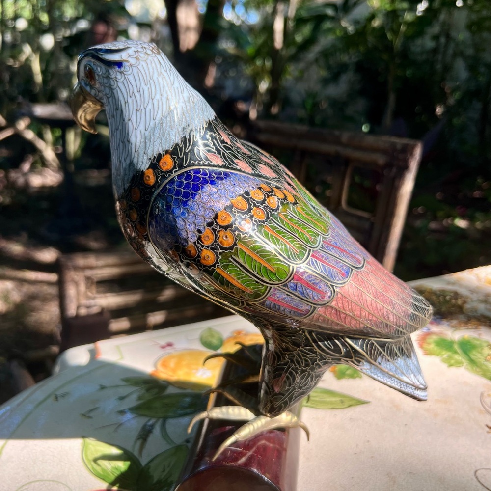 Rare Vintage Multicolor Cloisonné Falcon or Eagle on perch